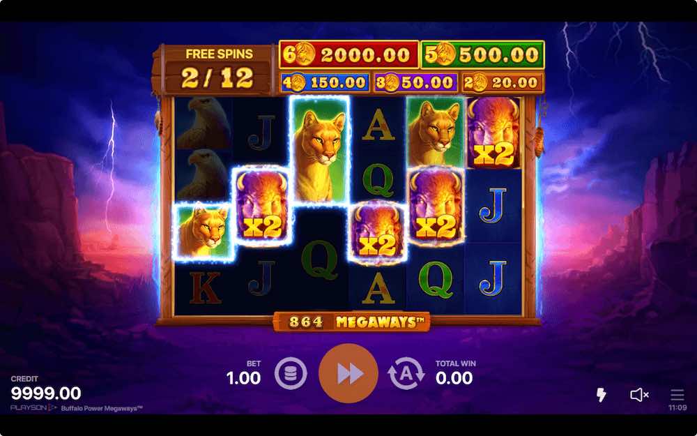 Wild symbols will include a multiplier value of x2 during the free spin bonus on Buffalo Power Megaways Wild symbols will include a multiplier value of x2 during the free spin bonus on Buffalo Power Megaways