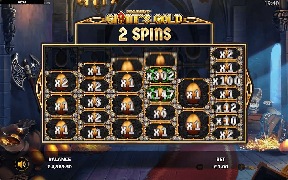 Fill all 7 rows with multiplier symbols during the Egg Collector bonus on Giants Gold Megaways and you'll win the 10,000x jackpot