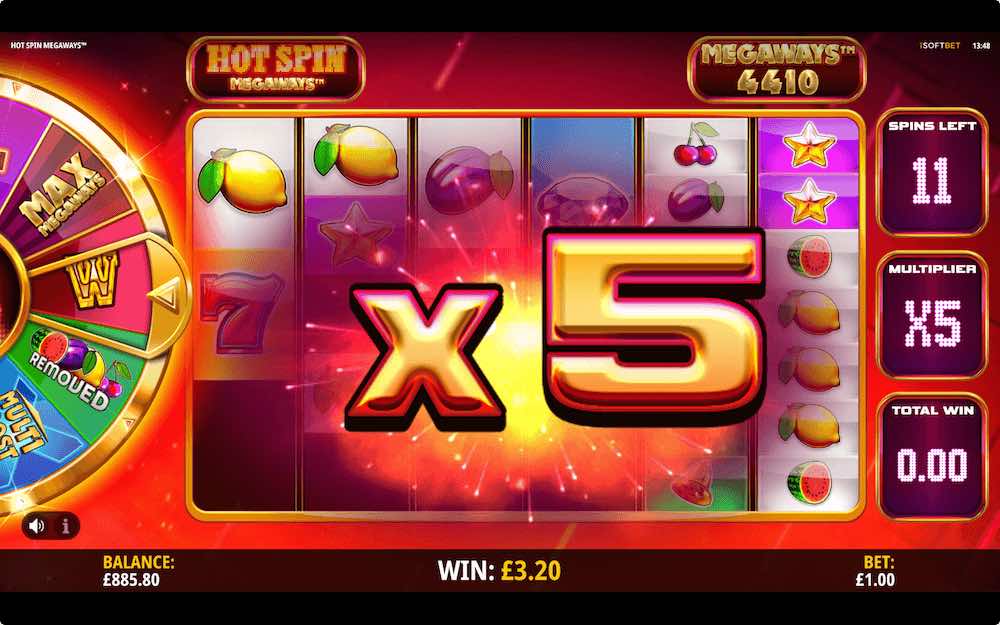 The free spin feature on Hot Spin Megaways includes an unlimited win multiplier