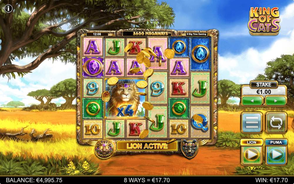 Play either the Lion or Puma game on Big Time Gaming's King of Cats Megaways Play either the Lion or Puma game on Big Time Gaming's King of Cats Megaways